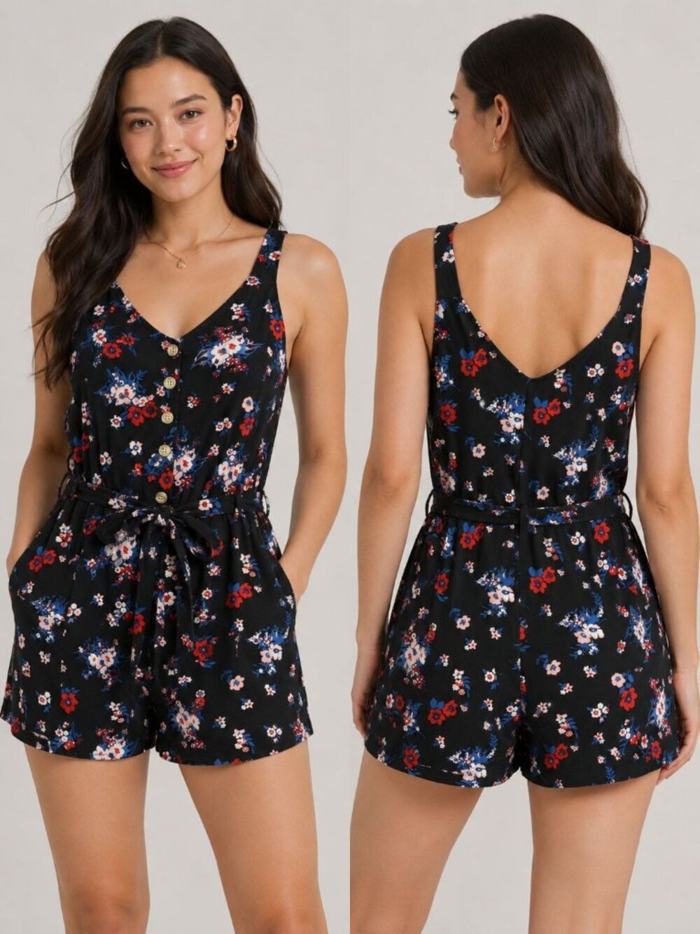 No Boundaries Floral Sleeveless Romper W/Tie Waist Pockets Womens Multi Small